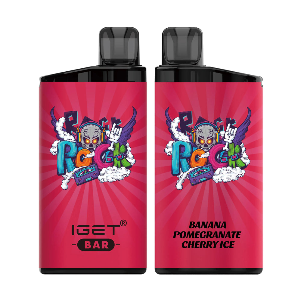 Single shot of IGET BAR disposable vape in Banana Pomegranate Cherry Ice flavor, Indonesia B2B wholesale ready stock.