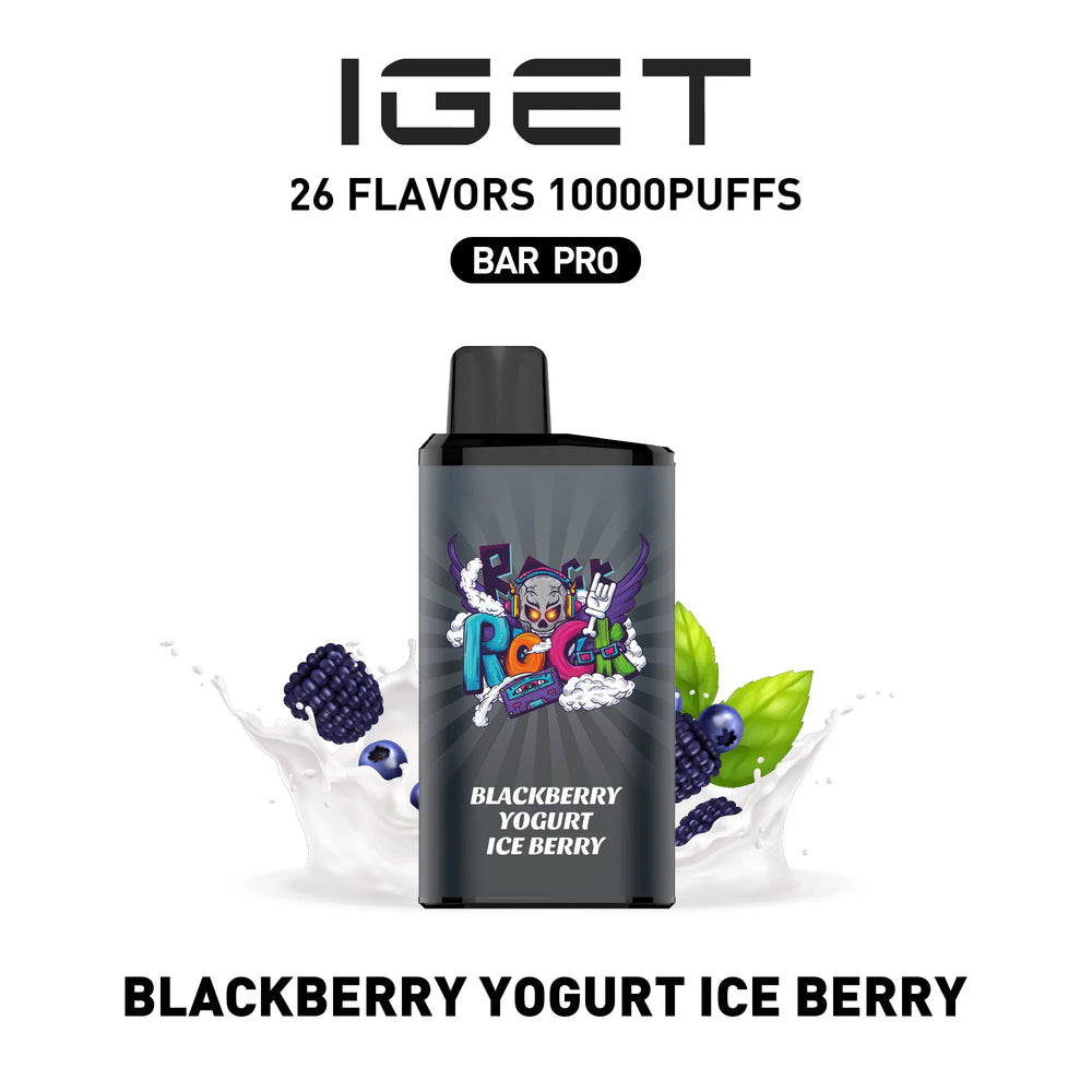 Single shot of IGET BAR PRO 10000 Puffs disposable vape in Blackberry Yogurt Ice Berry flavor, Indonesia B2B wholesale ready stock.