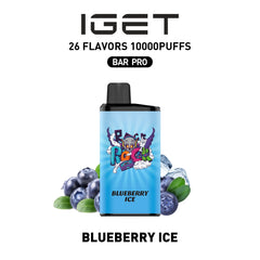 Single shot of IGET BAR PRO 10000 Puffs disposable vape in Blueberry Ice flavor, Indonesia B2B wholesale ready stock.