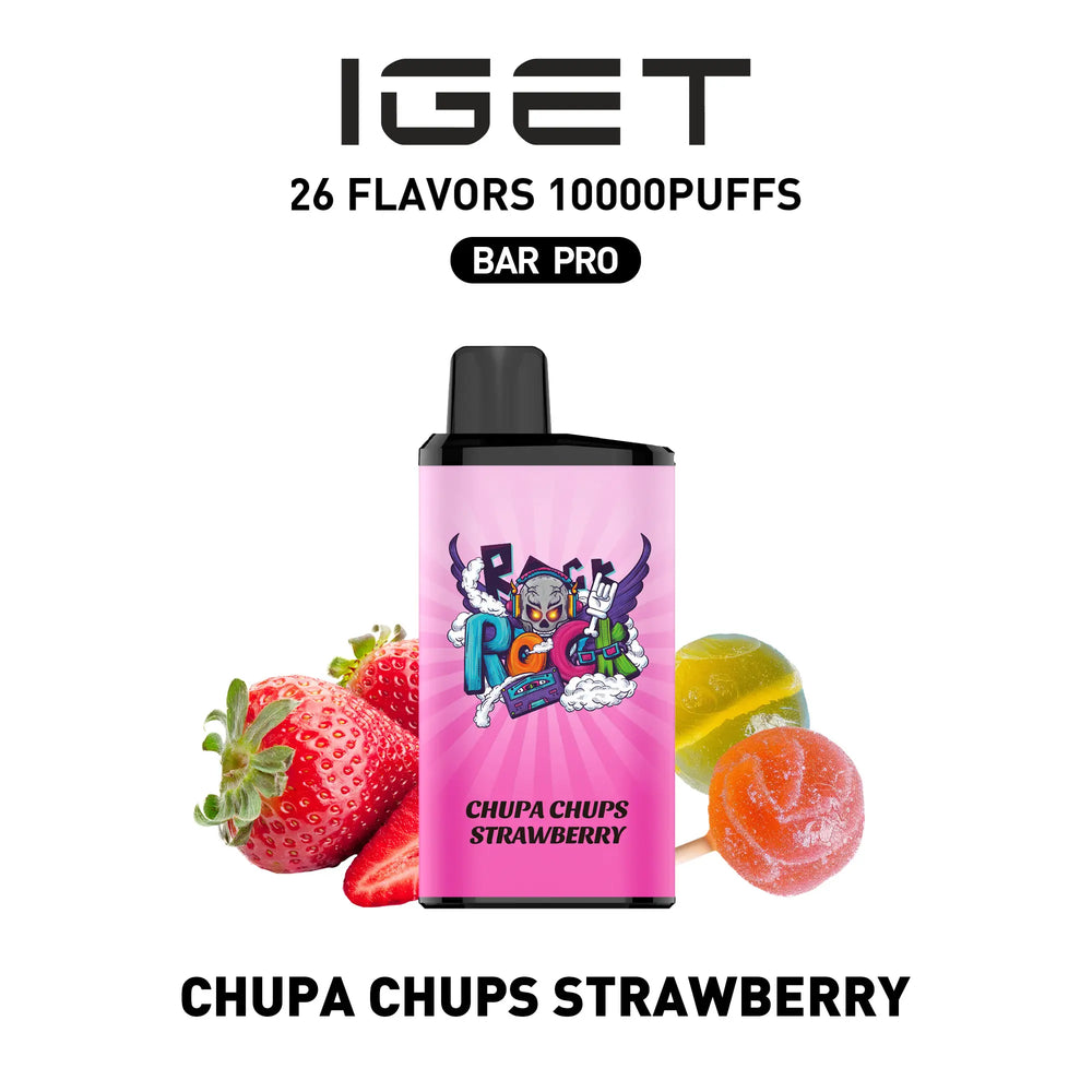 Single shot of IGET BAR PRO 10000 Puffs disposable vape in Chupa Chups Strawberry flavor, Indonesia B2B wholesale ready stock.