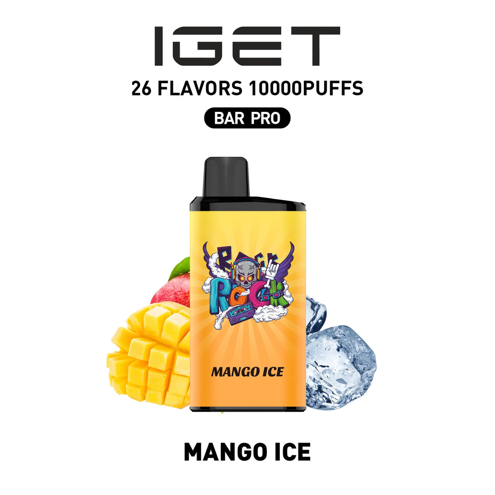 Single shot of IGET BAR PRO 10000 Puffs disposable vape in Mango Ice flavor, Indonesia B2B wholesale ready stock.