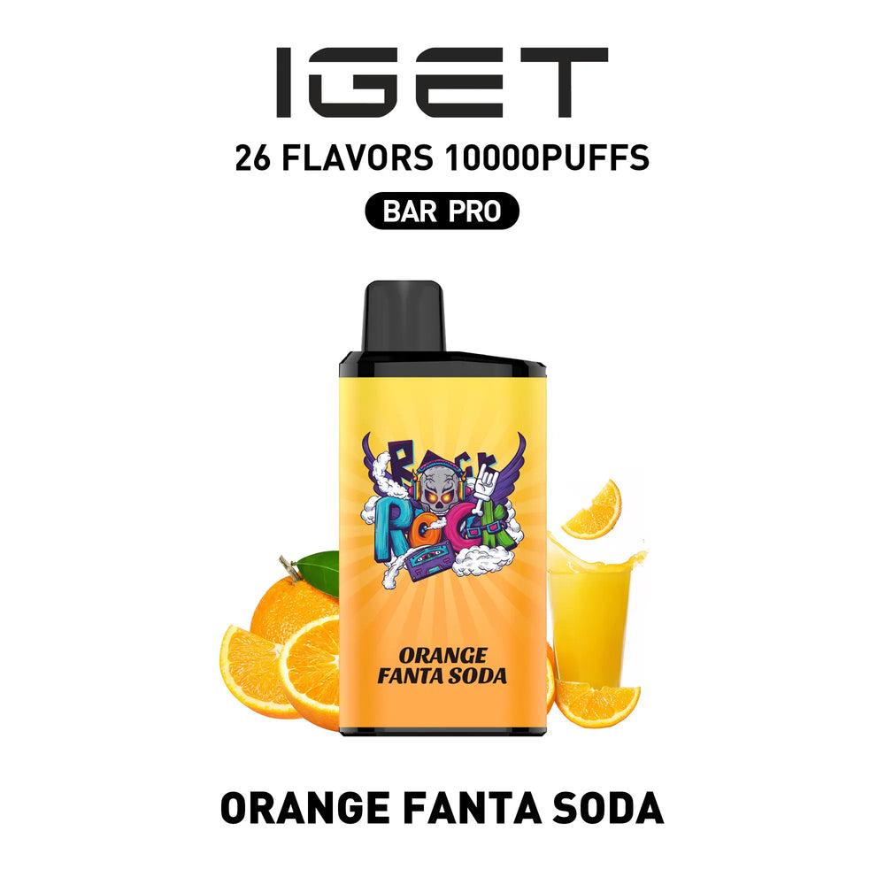 Single shot of IGET BAR PRO 10000 Puffs disposable vape in Orange Fanta Soda flavor, Indonesia B2B wholesale ready stock.