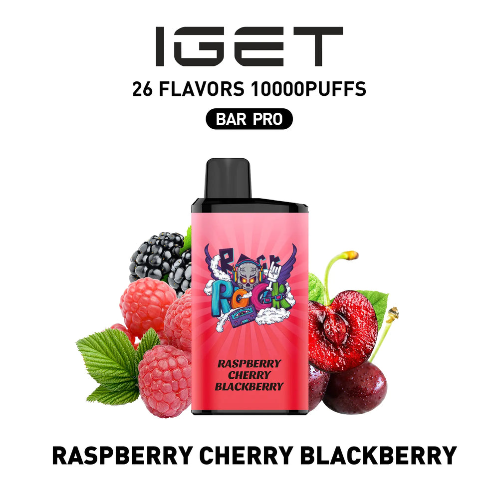 Single shot of IGET BAR PRO 10000 Puffs disposable vape in Raspberry Cherry Blackberry flavor, Indonesia B2B wholesale ready stock