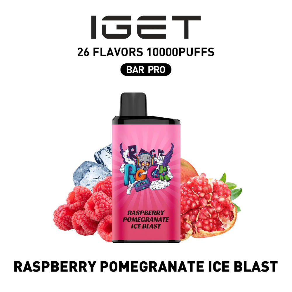 Single shot of IGET BAR PRO 10000 Puffs disposable vape in Raspberry Pomegranate Ice Blast flavor, Indonesia B2B wholesale ready stock