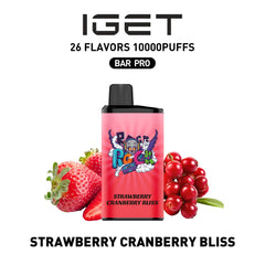Single shot of IGET BAR PRO 10000 Puffs disposable vape in Strawberry Cranberry Bliss flavor, Indonesia B2B wholesale ready stock