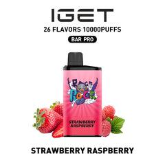 Single shot of IGET BAR PRO 10000 Puffs disposable vape in Strawberry Raspberry flavor, Indonesia B2B wholesale ready stock
