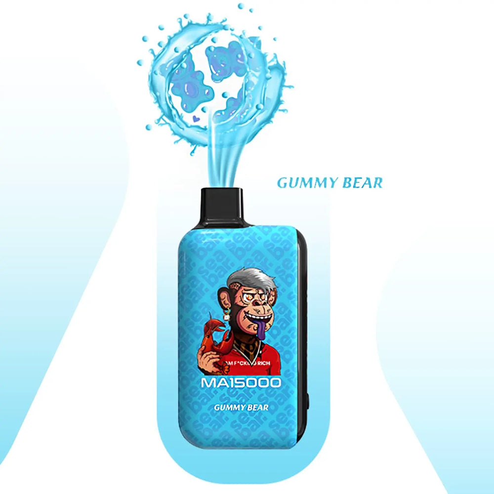 SEA BAR MA15000 Gummy Bear disposable vape โ playful candy flavor inspired by gummy bears. Smooth vapor output and vibrant design.
