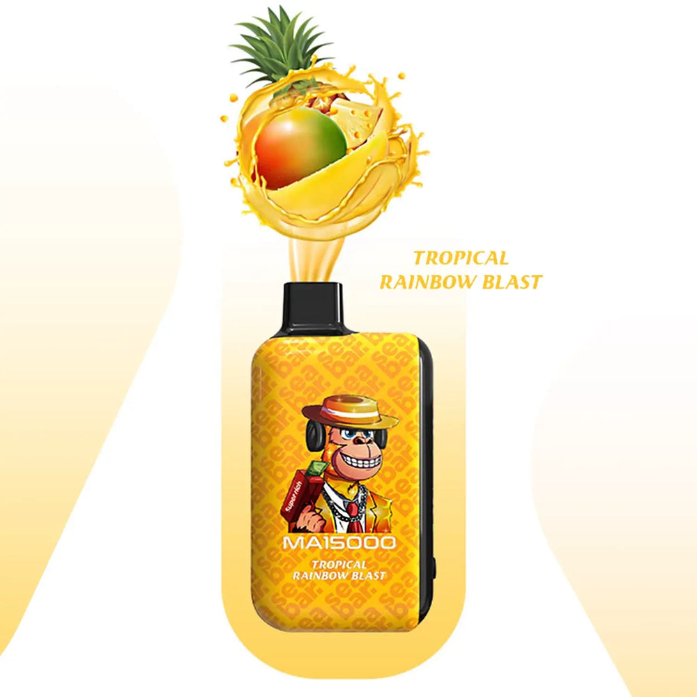 SEA BAR MA15000 Tropical Rainbow Blast disposable vape โ exotic pineapple and mango mix delivering a tropical sweetness. Dual mesh coil for consistent flavor.