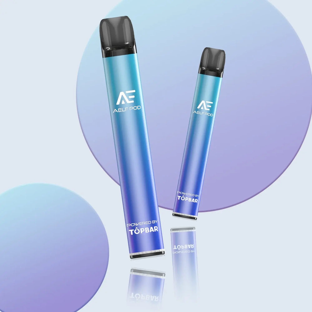 TOPBAR DA01 AELF POD in ocean blue gradient โ modern metallic design with Type-C charging and 500mAh battery.