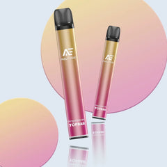 TOPBAR DA01 AELF POD disposable vape in golden pink gradient โ elegant color tone with mesh coil and LED indicator.