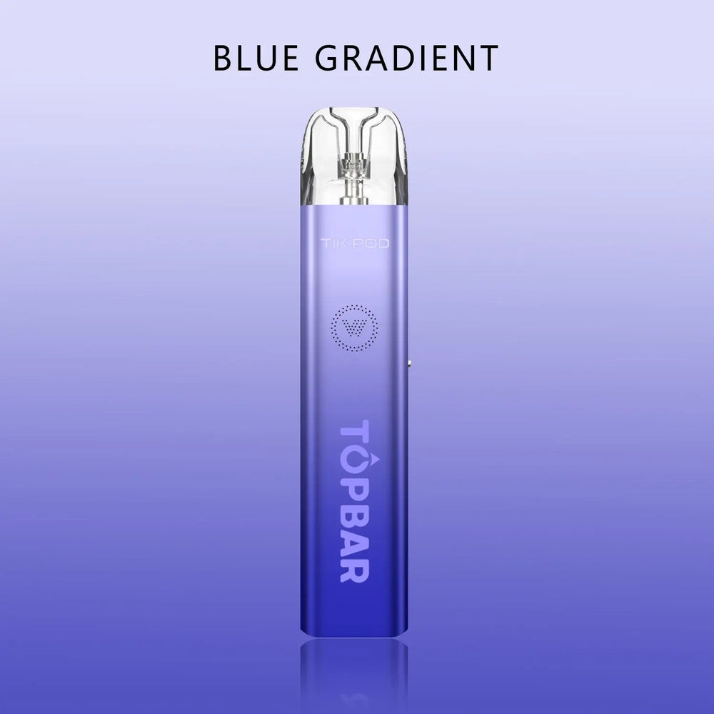 TOPBAR DA04 Tik Pod โ Blue Gradient version. Lightweight pod vape (0.95ร0.57ร4.63 in) featuring aluminum alloy body and transparent top pod.