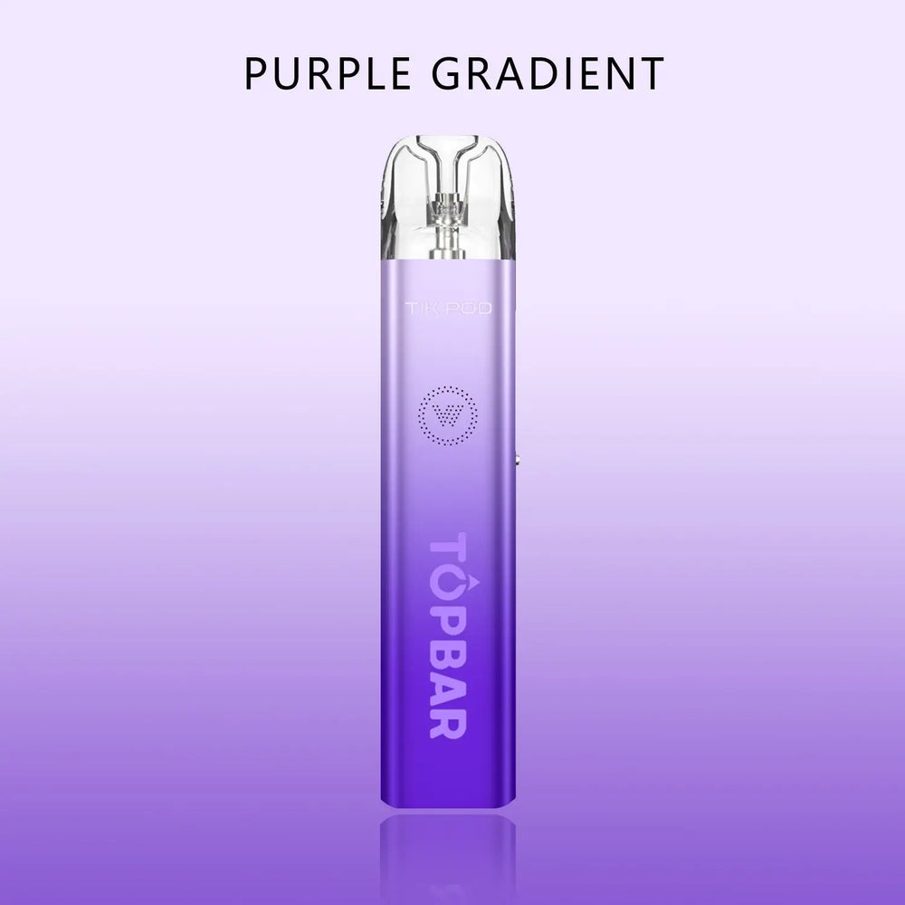 TOPBAR DA04 Tik Pod โ Purple Gradient color. Slim refillable pod vape with 1300 mAh rechargeable battery, mesh coil, and Type-C fast charging.