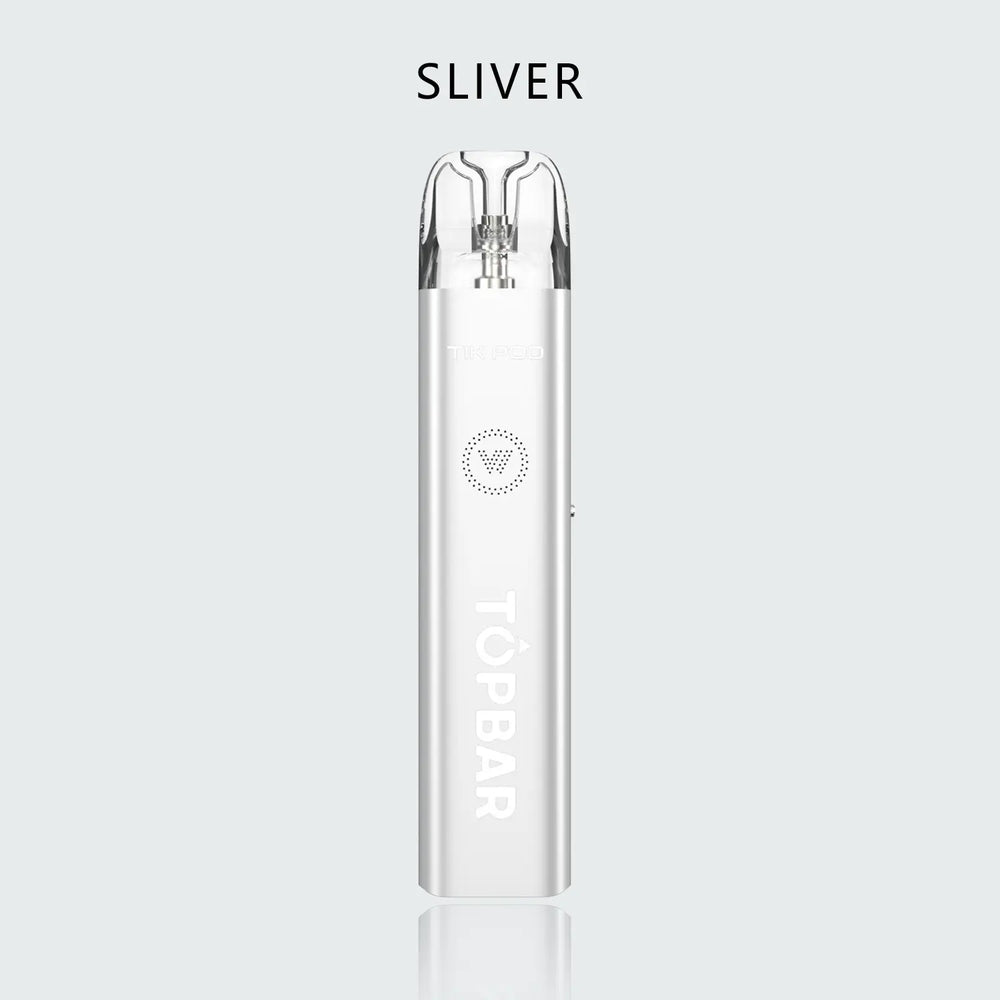 TOPBAR DA04 Tik Pod โ Silver metallic finish. Compact refillable pod vape (24.2ร14.4ร117.5 mm / 0.95ร0.57ร4.63 in) featuring Type-C charging and 1300 mAh battery.