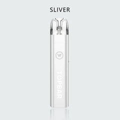 TOPBAR DA04 Tik Pod โ Silver metallic finish. Compact refillable pod vape (24.2ร14.4ร117.5 mm / 0.95ร0.57ร4.63 in) featuring Type-C charging and 1300 mAh battery.
