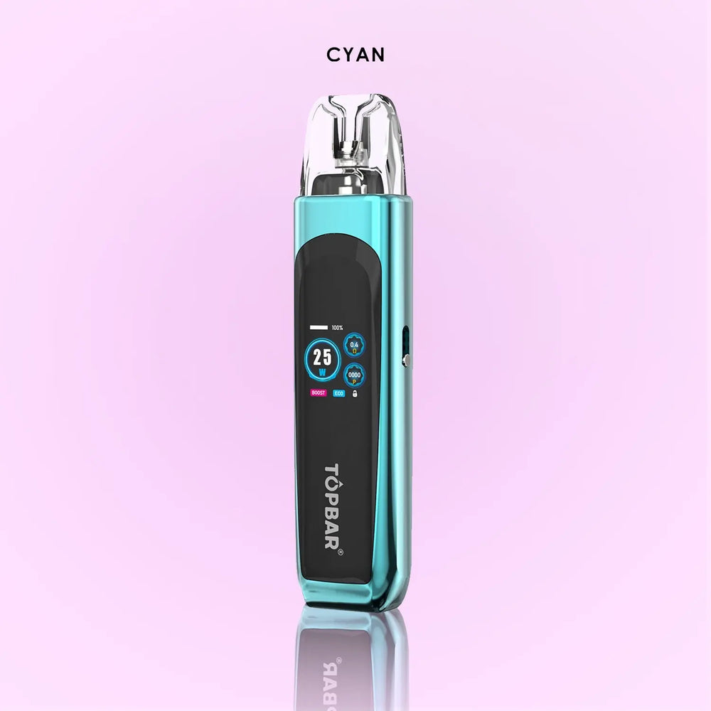 TOPBAR DA06 OX PRO Pod Kit โ Cyan color version. Modern zinc alloy body with OLED display, Type-C charging, and 2 ml refillable pod.