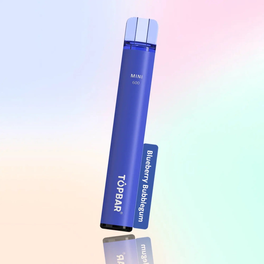 TOPBAR MINI 600 Disposable Vape โ Blueberry Bubblegum flavour, deep blue color, candy sweetness.