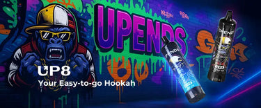 Upends UP8 disposable hookah-style vapeโhero shot with street graffiti; up to 60,000 puffs, B2B wholesale Indonesia (vape sekali pakai).