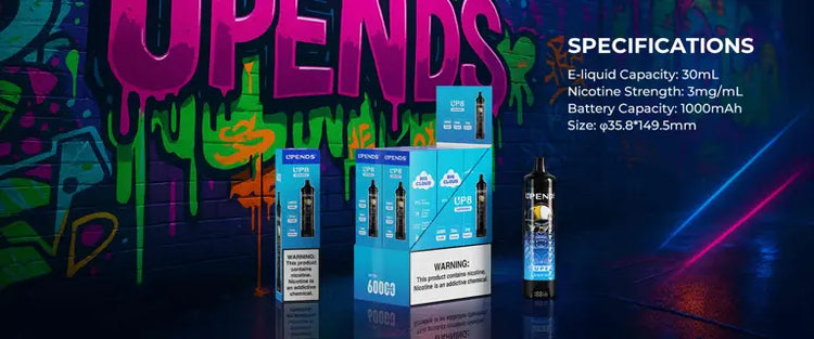 UP8 specs: 30mL e-liquid, 1000mAh battery, 3mg/mL nicotine, size φ35.8×149.5mm; B2B wholesale packaging for Indonesia.