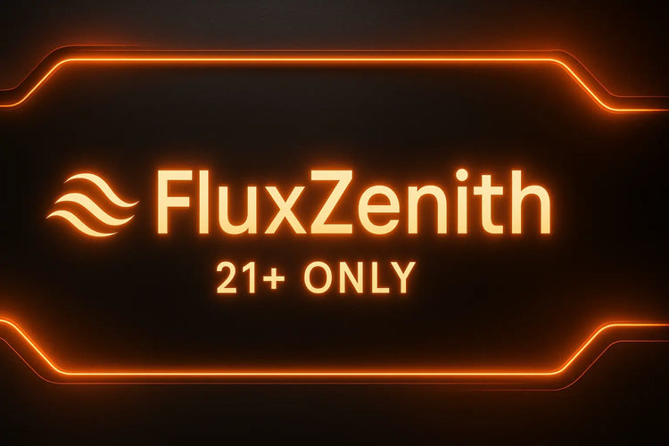 FluxZenith 21+ age verification banner – glowing orange neon reminder that the FluxZenith vape marketplace is for adults 21 years and older only.