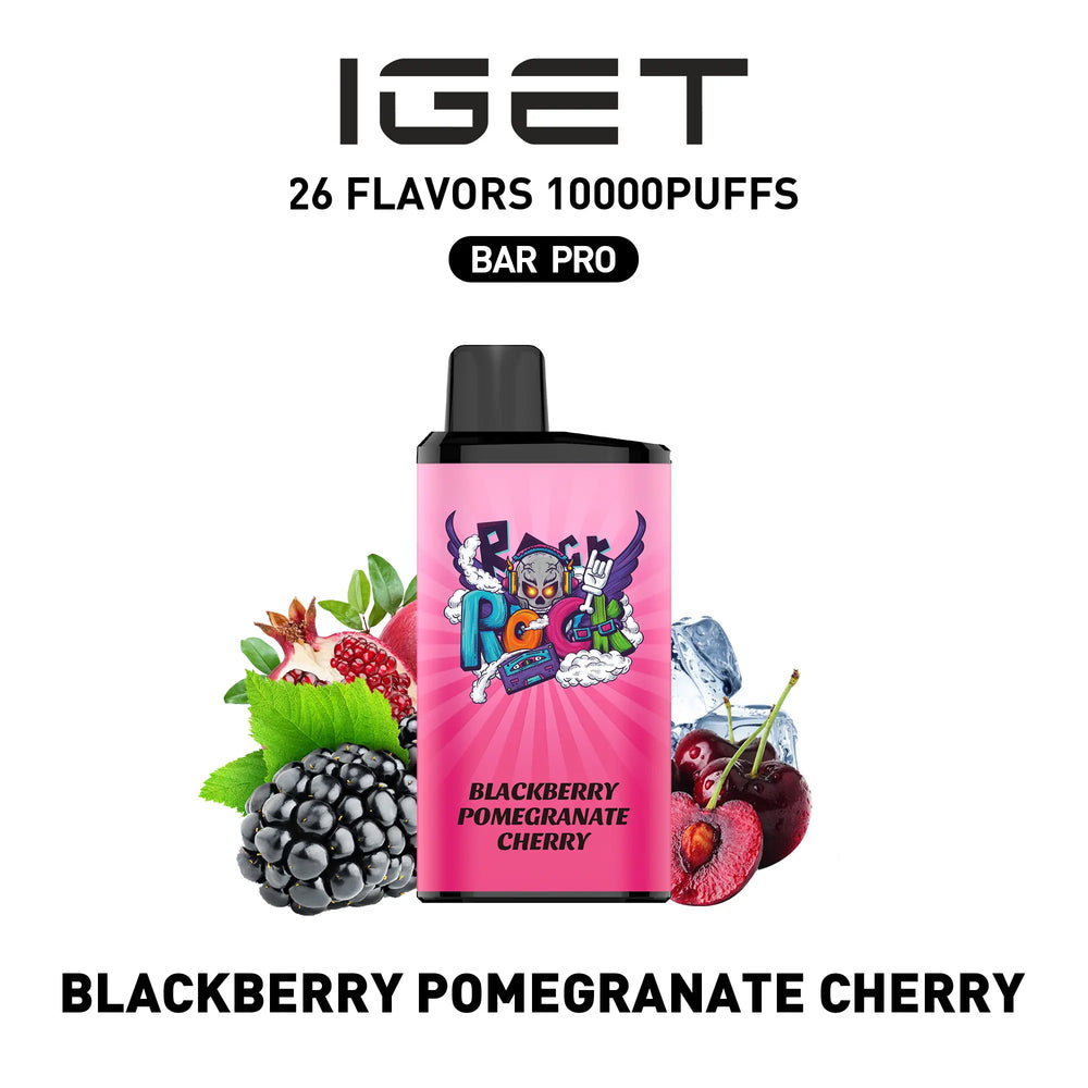 Single shot of IGET BAR PRO 10000 Puffs disposable vape in Blackberry Pomegranate Cherry flavor, Indonesia B2B wholesale ready stock.