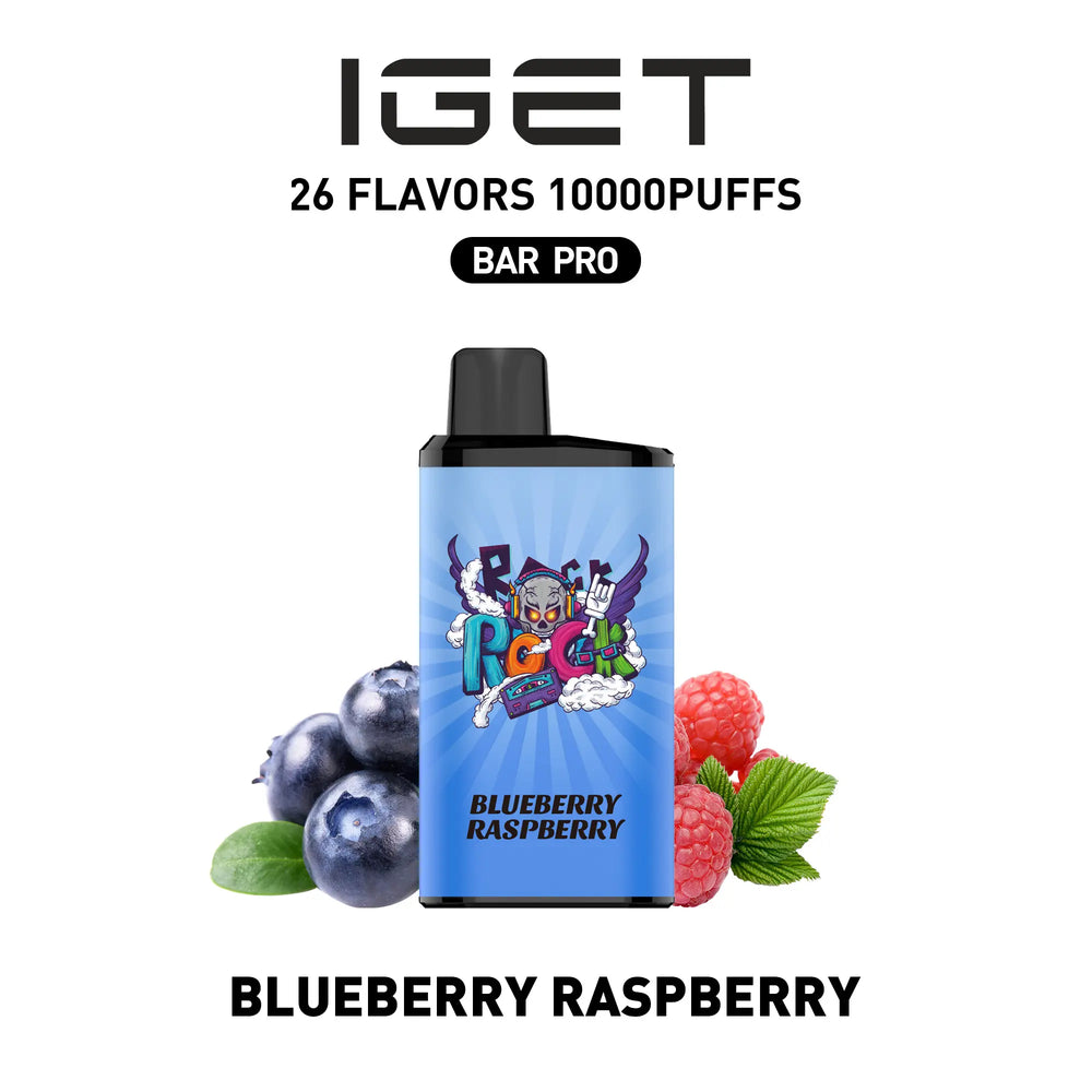 Single shot of IGET BAR PRO 10000 Puffs disposable vape in Blueberry Raspberry flavor, Indonesia B2B wholesale ready stock.