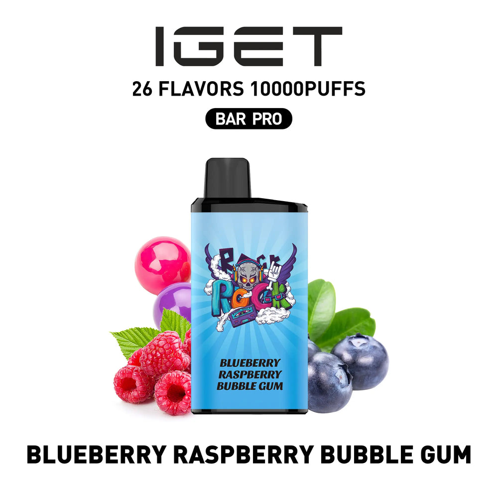 Single shot of IGET BAR PRO 10000 Puffs disposable vape in Blueberry Raspberry Bubble Gum flavor, Indonesia B2B wholesale ready stock.