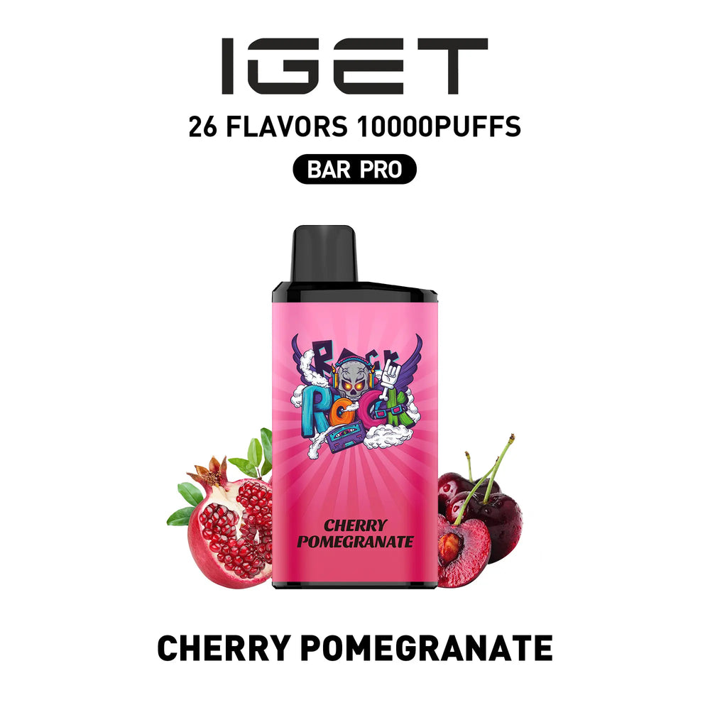 Single shot of IGET BAR PRO 10000 Puffs disposable vape in Cherry Pomegranate flavor, Indonesia B2B wholesale ready stock.