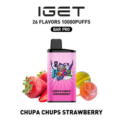 Single shot of IGET BAR PRO 10000 Puffs disposable vape in Chupa Chups Strawberry flavor, Indonesia B2B wholesale ready stock.