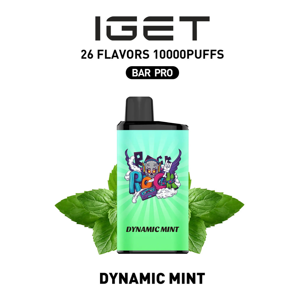 Single shot of IGET BAR PRO 10000 Puffs disposable vape in Dynamic Mint flavor, Indonesia B2B wholesale ready stock.