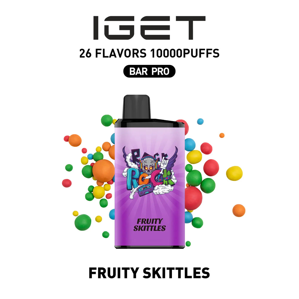 Single shot of IGET BAR PRO 10000 Puffs disposable vape in Fruity Skittles flavor, Indonesia B2B wholesale ready stock