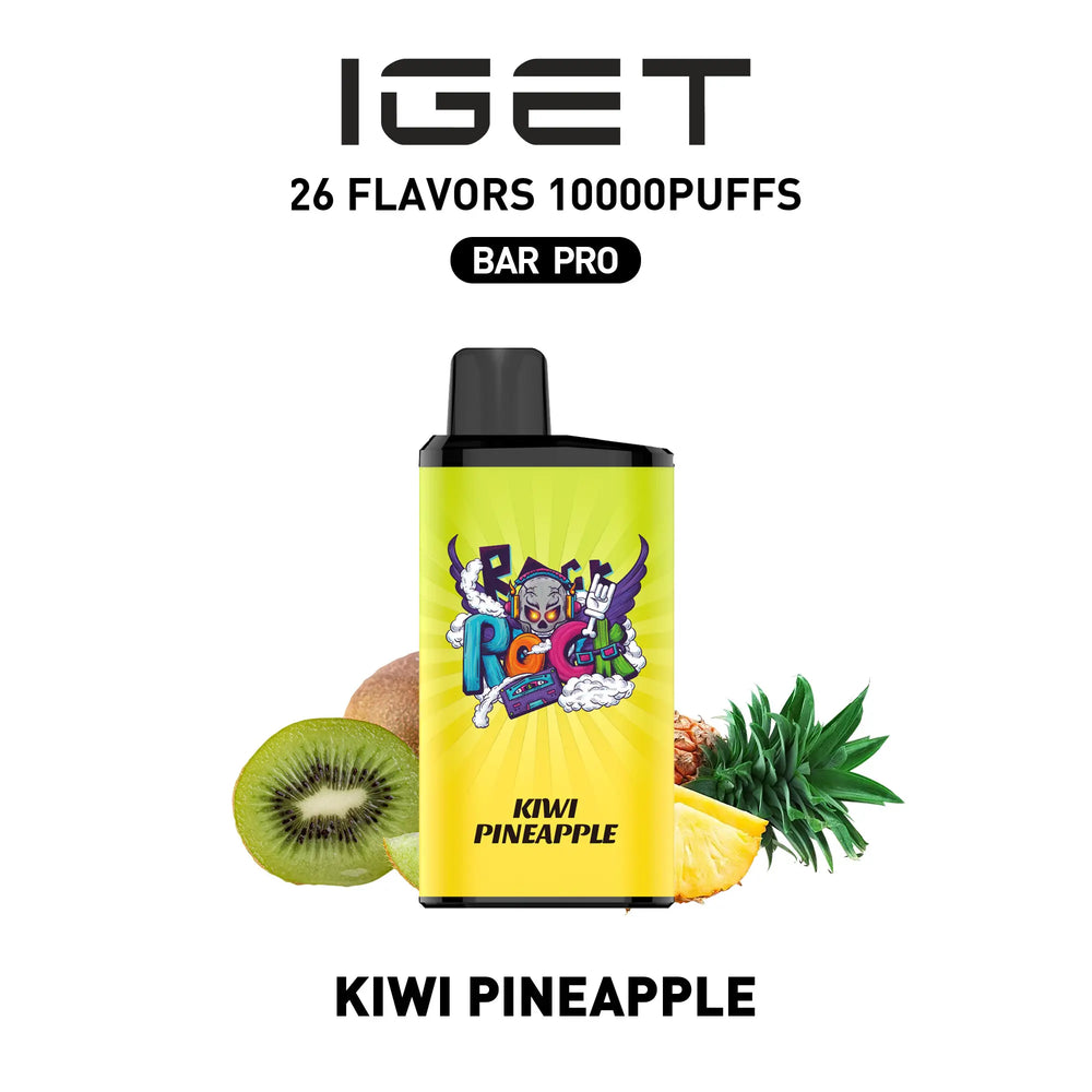 Single shot of IGET BAR PRO 10000 Puffs disposable vape in Kiwi Pineapple flavor, Indonesia B2B wholesale ready stock