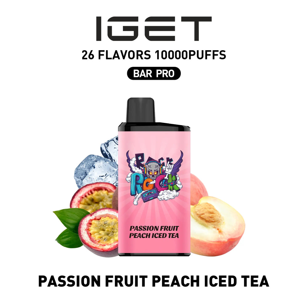 Single shot of IGET BAR PRO 10000 Puffs disposable vape in Passion Fruit Peach Iced Tea flavor, Indonesia B2B wholesale ready stock.