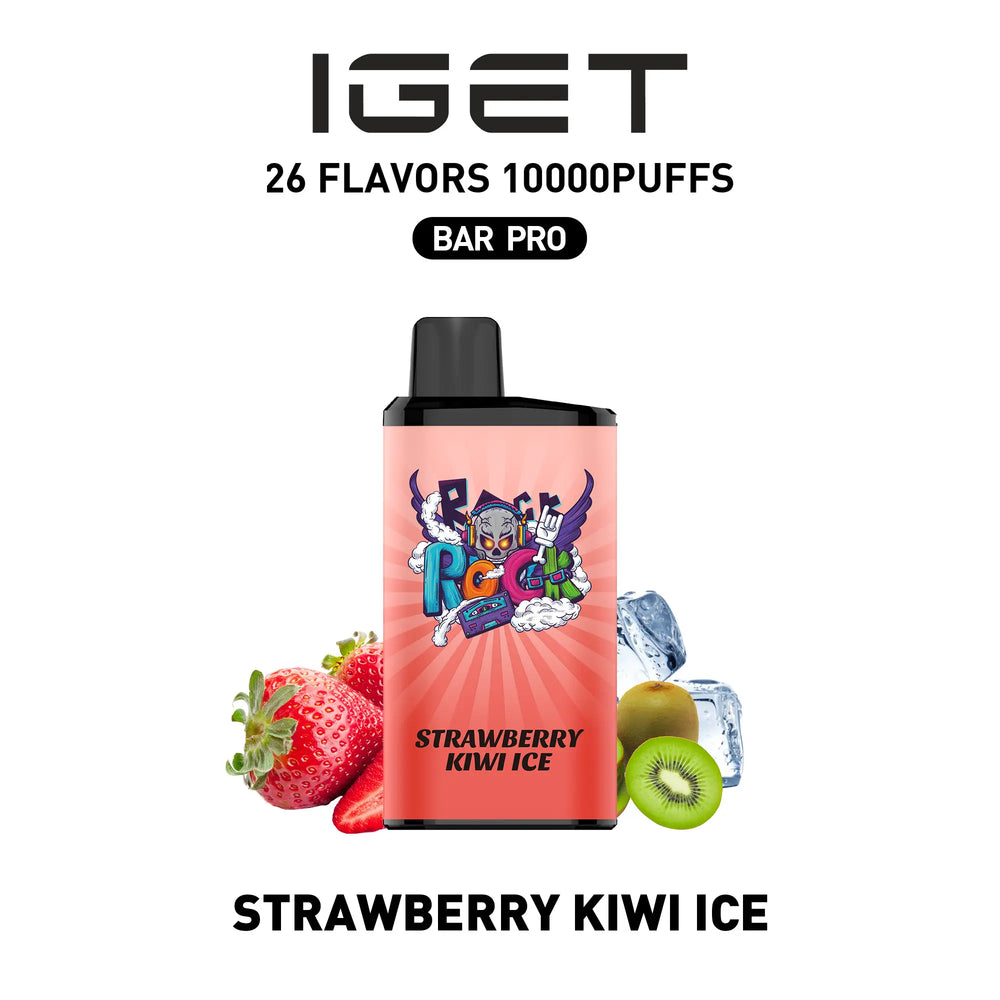 Single shot of IGET BAR PRO 10000 Puffs disposable vape in Strawberry Kiwi Ice flavor, Indonesia B2B wholesale ready stock.