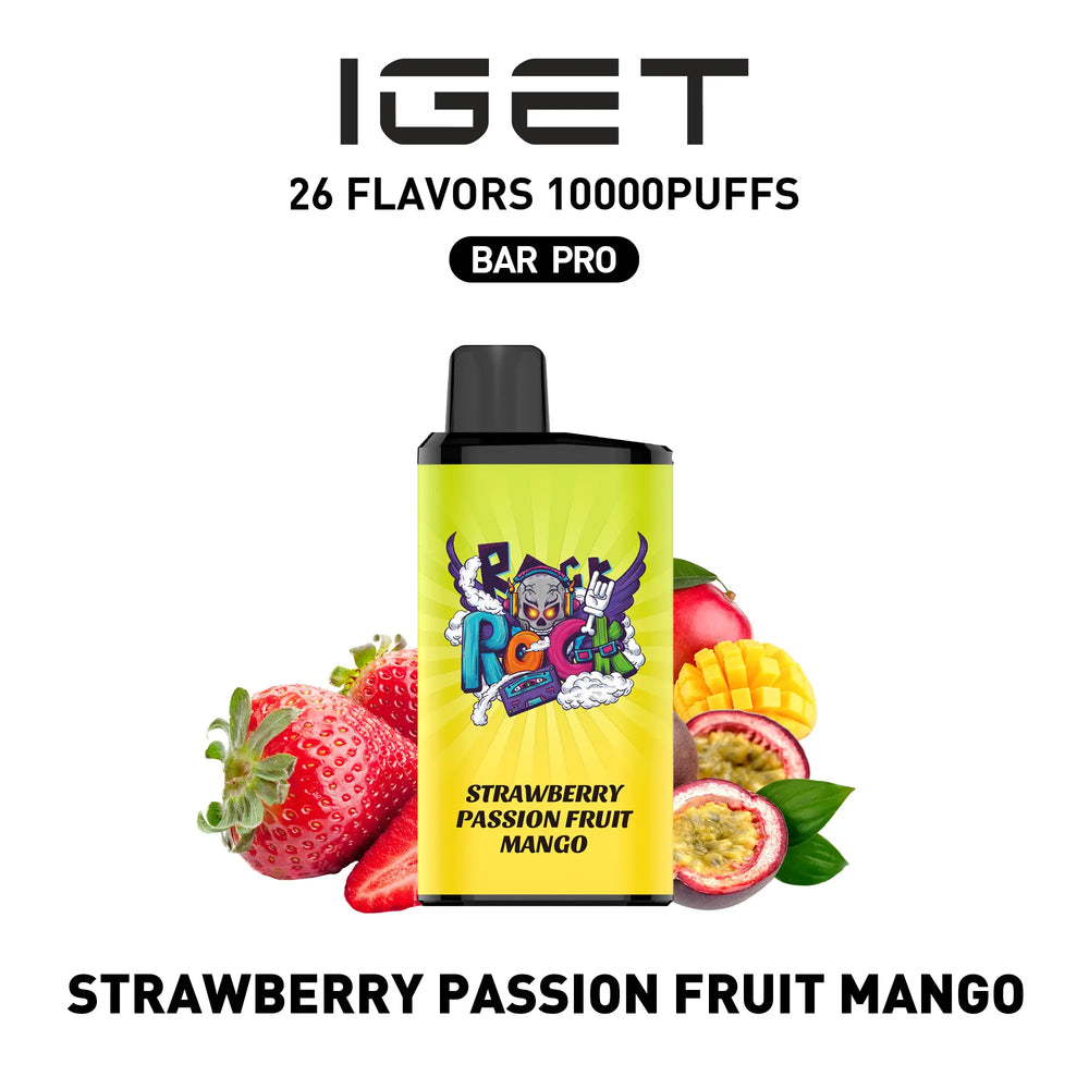 Single shot of IGET BAR PRO 10000 Puffs disposable vape in Strawberry Passion Fruit Mango flavor, Indonesia B2B wholesale ready stock