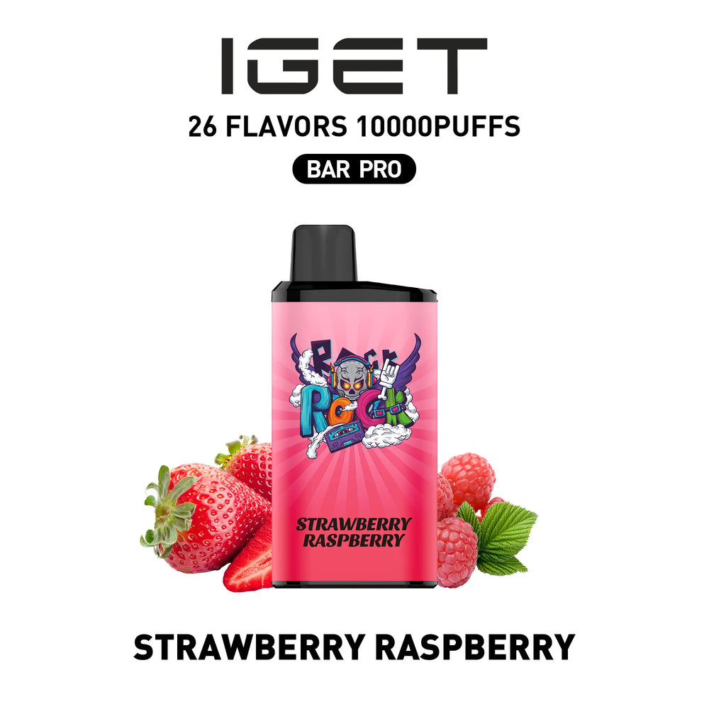 Single shot of IGET BAR PRO 10000 Puffs disposable vape in Strawberry Raspberry flavor, Indonesia B2B wholesale ready stock