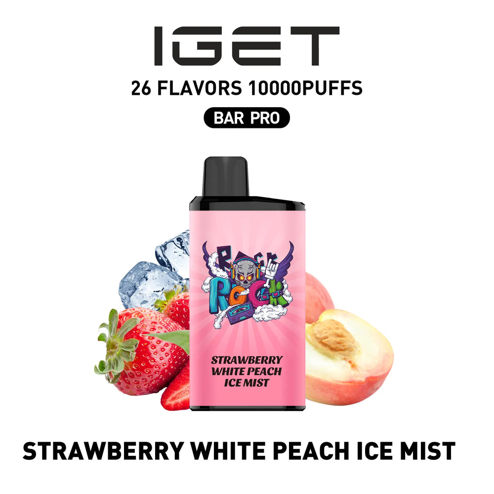 Single shot of IGET BAR PRO 10000 Puffs disposable vape in Strawberry White Peach Ice Mist flavor, Indonesia B2B wholesale ready stock.