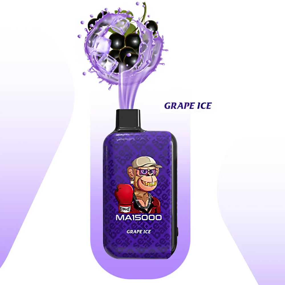SEA BAR MA15000 Grape Ice disposable vape – refreshing icy grape flavor with bold aroma. Features dual mesh coil, LED display, and 15000 puff performance.