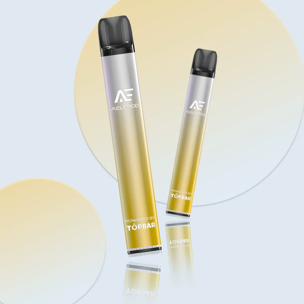 TOPBAR DA01 AELF POD disposable vape in gold-silver gradient finish – stylish design with mesh coil and 500mAh Type-C charging.