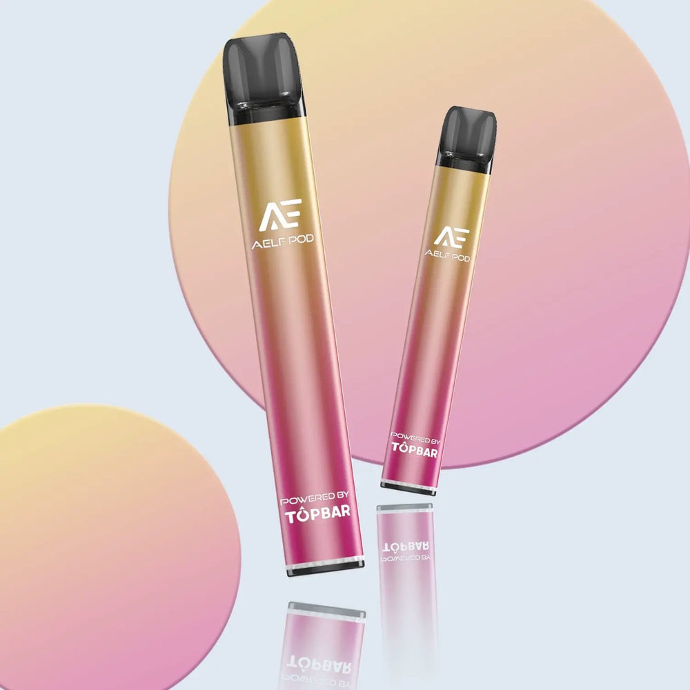 TOPBAR DA01 AELF POD disposable vape in golden pink gradient – elegant color tone with mesh coil and LED indicator.