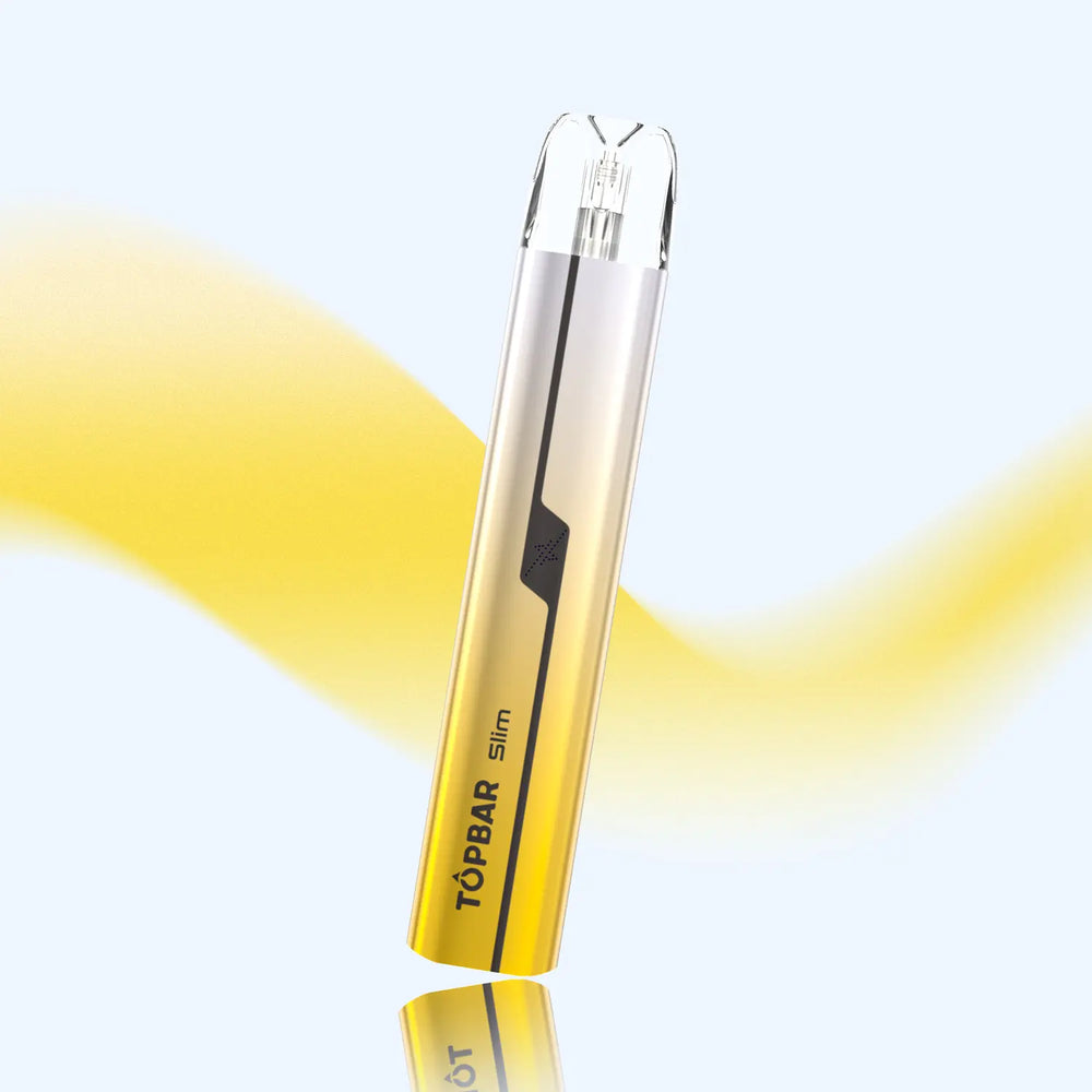 TOPBAR DA03 Slim Pod – Gold gradient body with transparent pod top. Lightweight 750 mAh vape with 2 ml pod and aluminum alloy finish.