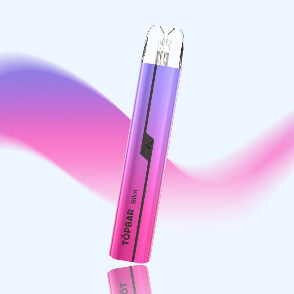 TOPBAR DA03 Slim Pod – Pink & Purple gradient finish. Compact 750 mAh Type-C pod vape, refillable 2 ml tank, and premium mesh coil for better flavor.