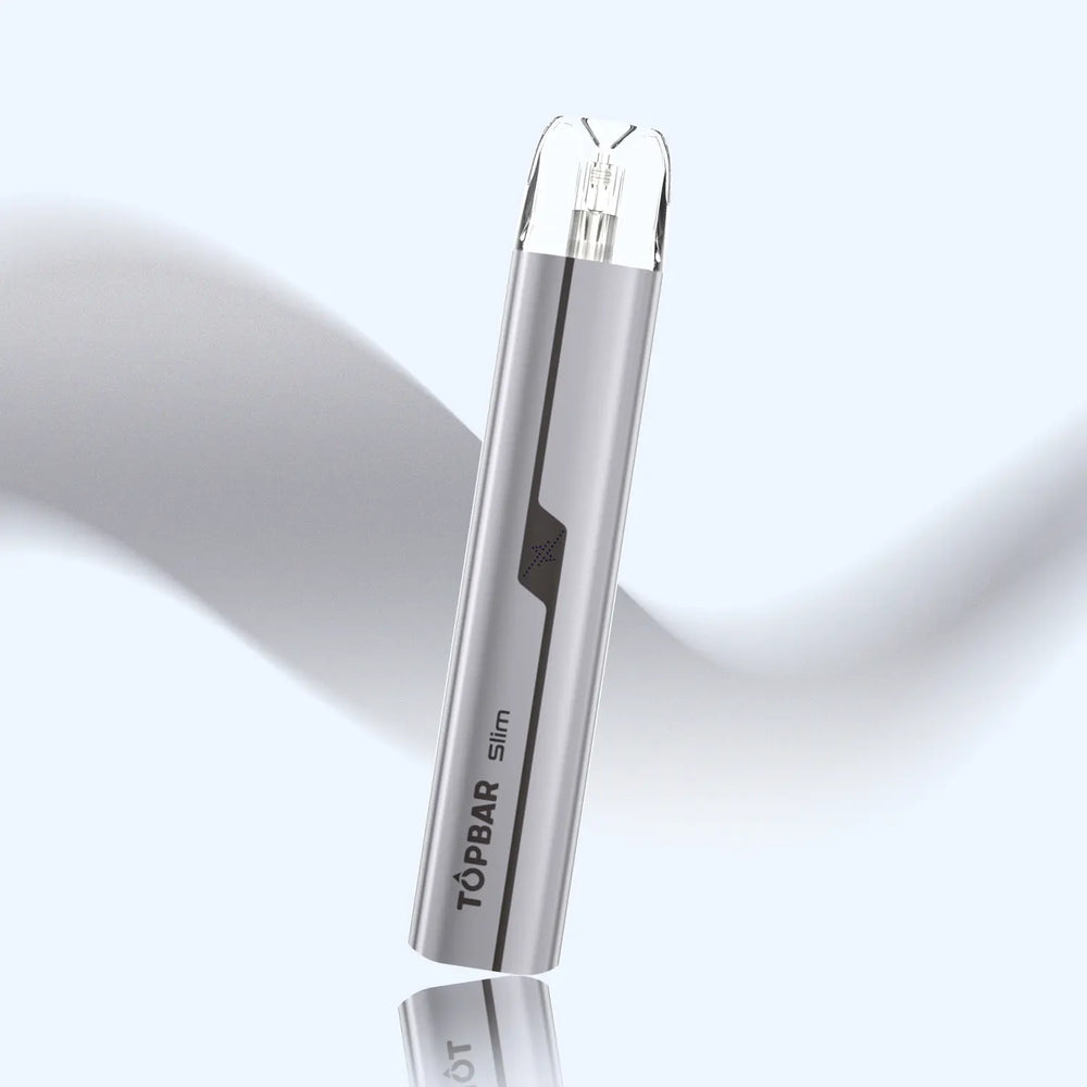 TOPBAR DA03 Slim Pod – Silver metallic finish. Durable PC + PCTG + AL6063 materials, 750 mAh battery, and Type-C charging for daily vaping use.