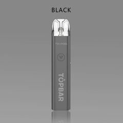 TOPBAR DA04 Tik Pod – Black color version. Sleek matte finish pod vape (24.2×14.4×117.5 mm / 0.95×0.57×4.63 in) with 1300 mAh battery, 2 ml pod, and mesh coil design.