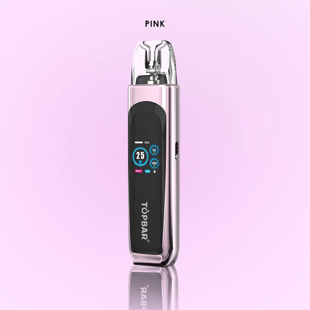 TOPBAR DA06 OX PRO Pod Kit – Pink metallic finish. Stylish compact refillable pod vape with mesh coil, 25W power, and 1300 mAh long-lasting battery.
