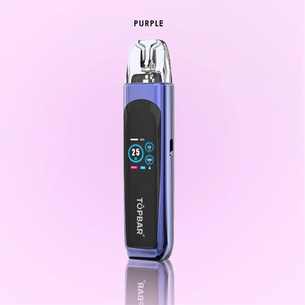 TOPBAR DA06 OX PRO Pod Kit – Purple color version. Refillable vape pod with mesh coil, adjustable airflow, and stylish metallic gradient housing.