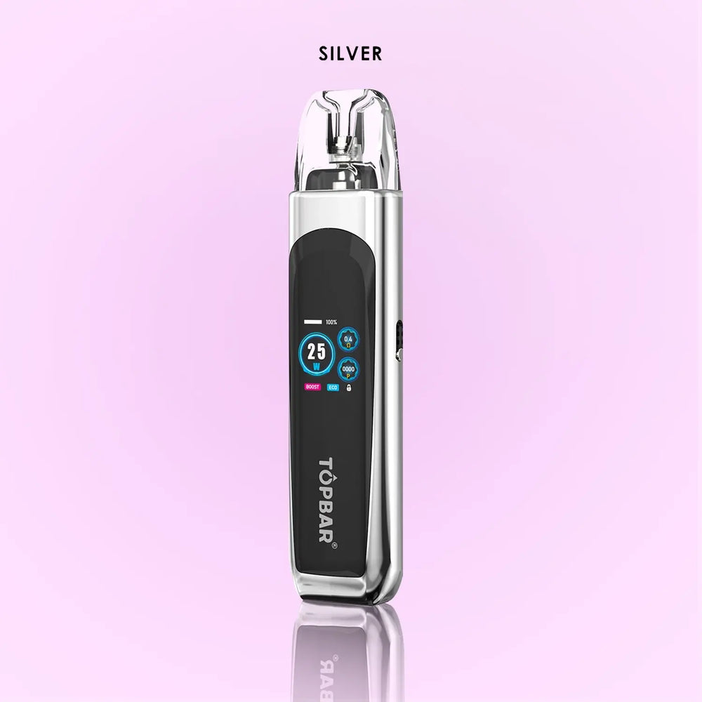 TOPBAR DA06 OX PRO Pod Kit – Silver color version. Sleek metallic finish vape pod with 25W output, 2 ml capacity, mesh coil, and 1300 mAh rechargeable battery. Compact size 27.3×16×112.8 mm (≈1.07×0.63×4.44 in).