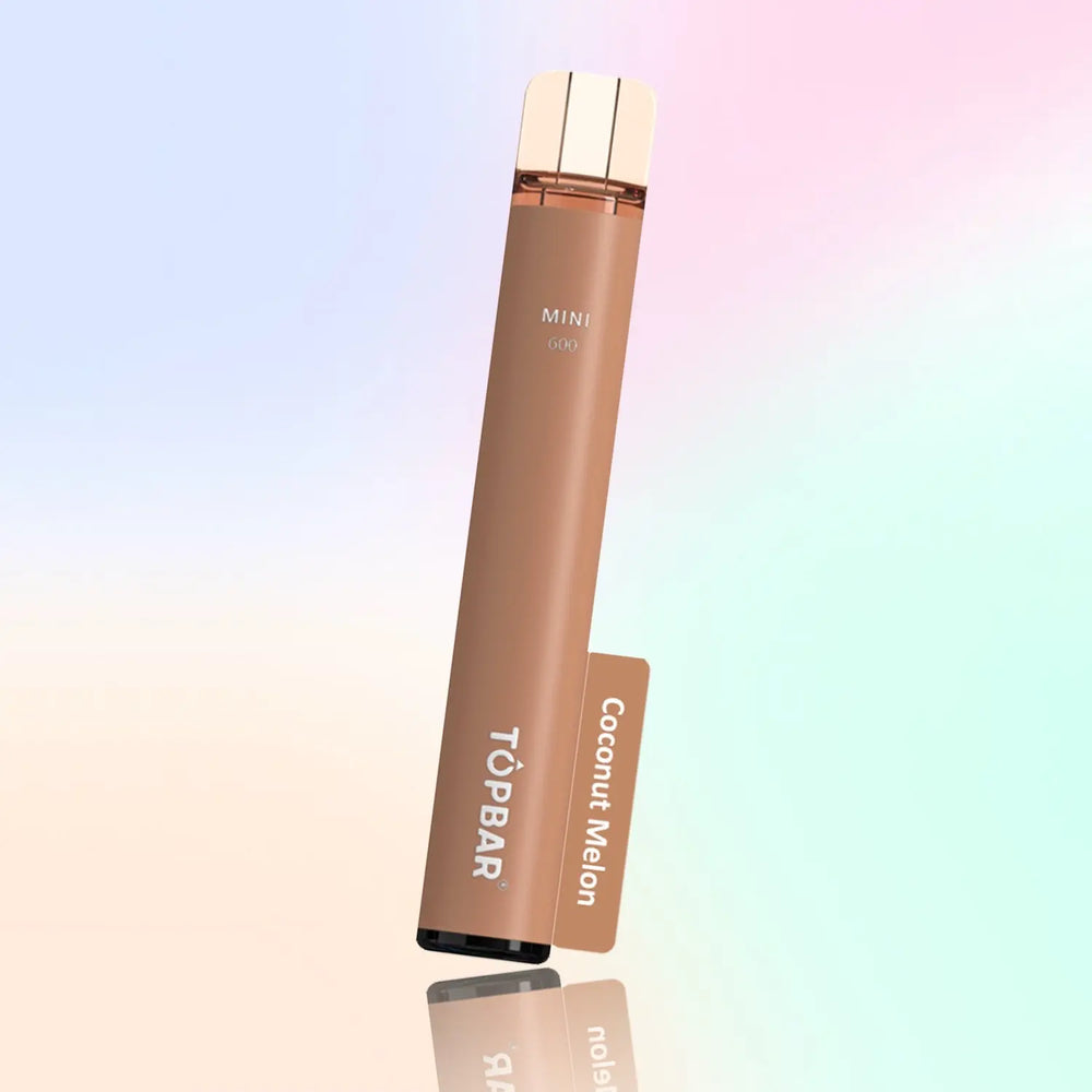 TOPBAR MINI 600 Disposable Vape – Coconut Melon flavour, light brown color, tropical sweetness.
