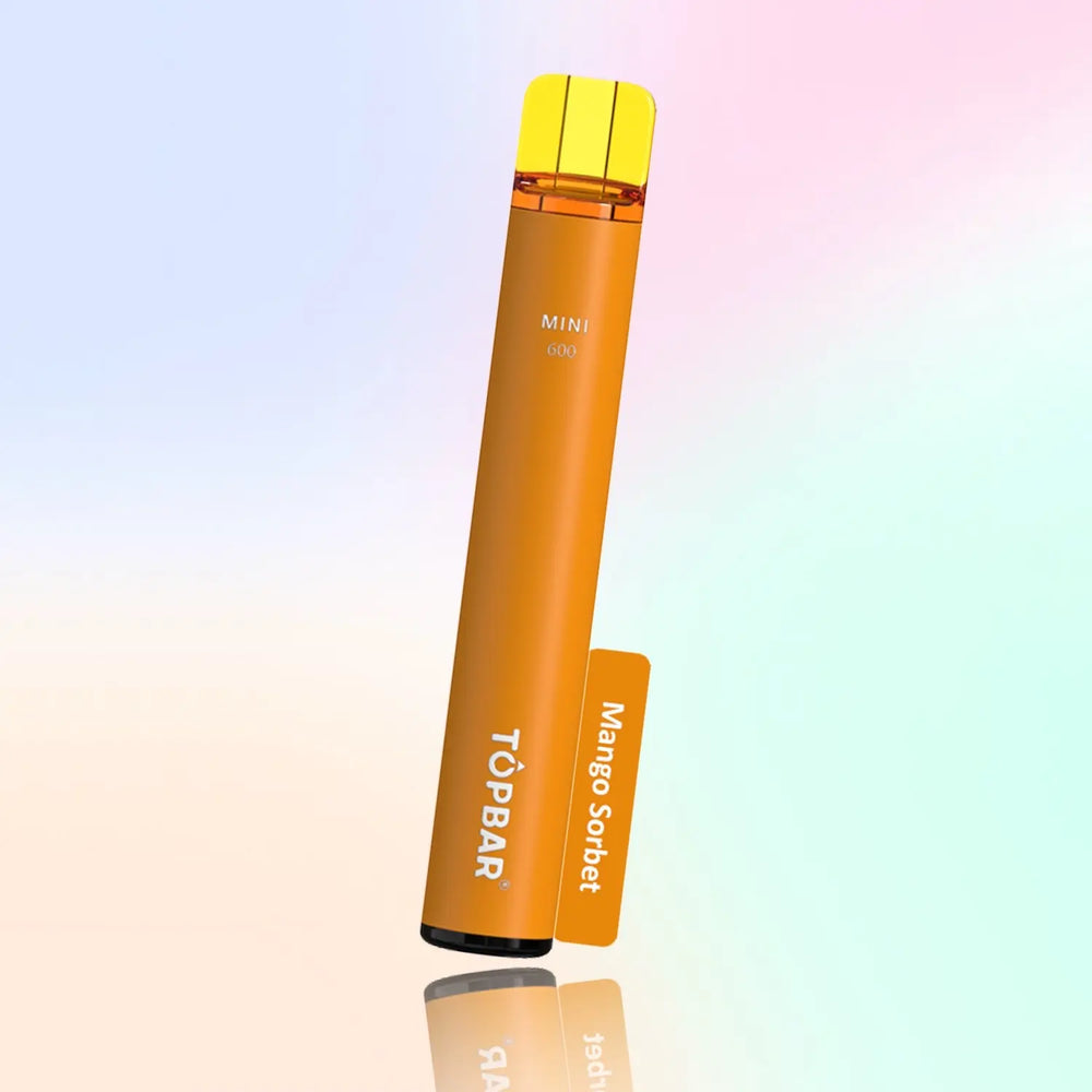 TOPBAR MINI 600 Disposable Vape – Mango Sorbet flavour, orange tone, tropical mango.
