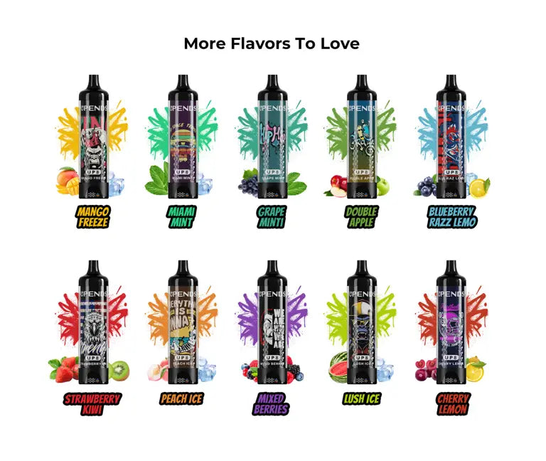 UP8 flavors: Mango Freeze, Miami Mint, Grape Mint, Double Apple, Blueberry Razz Lemon, Strawberry Kiwi, Peach Ice, Mixed Berries, Lush Ice, Cherry Lemon.