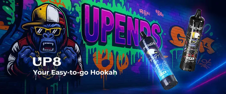 Upends UP8 disposable hookah-style vape—hero shot with street graffiti; up to 60,000 puffs, B2B wholesale Indonesia (vape sekali pakai).